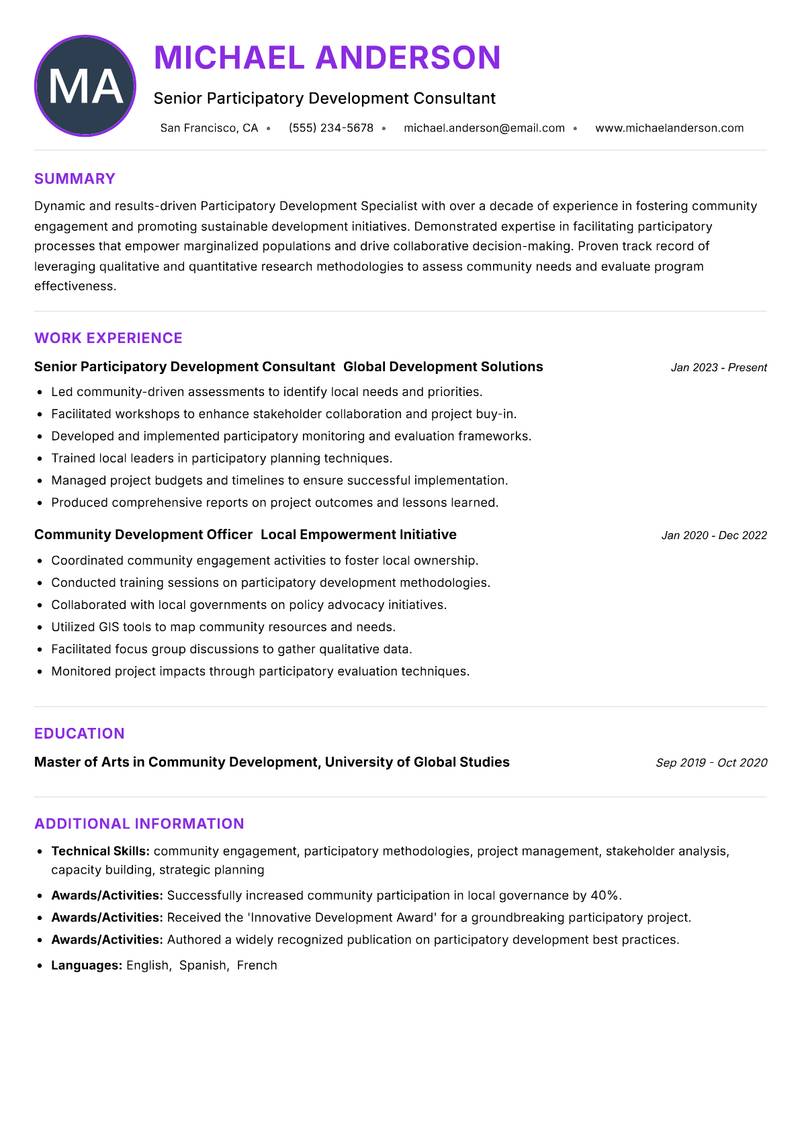 Participatory Development Specialist Resume Preview Example