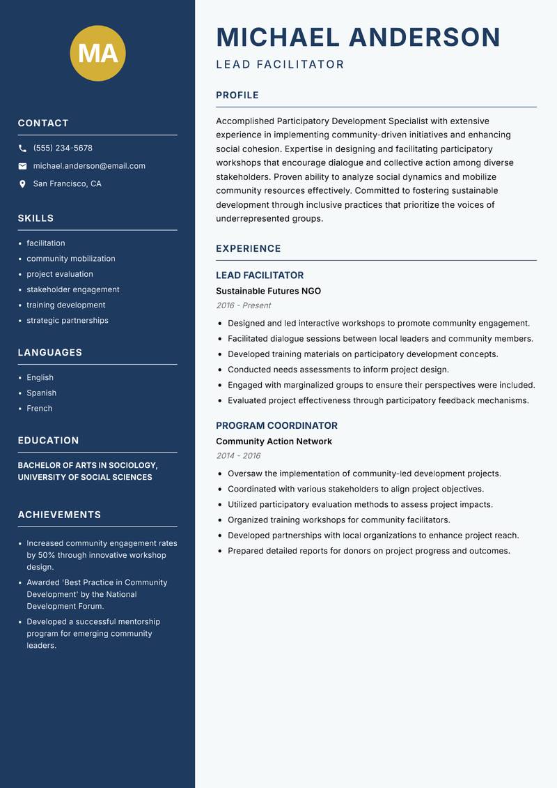 Participatory Development Specialist Resume Preview Example