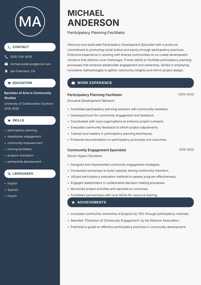 Participatory Development Specialist Resume Preview Example