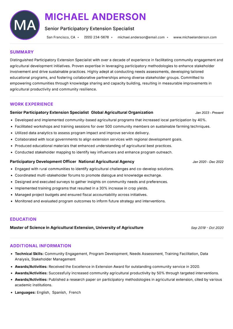 Participatory Extension Specialist Resume Preview Example