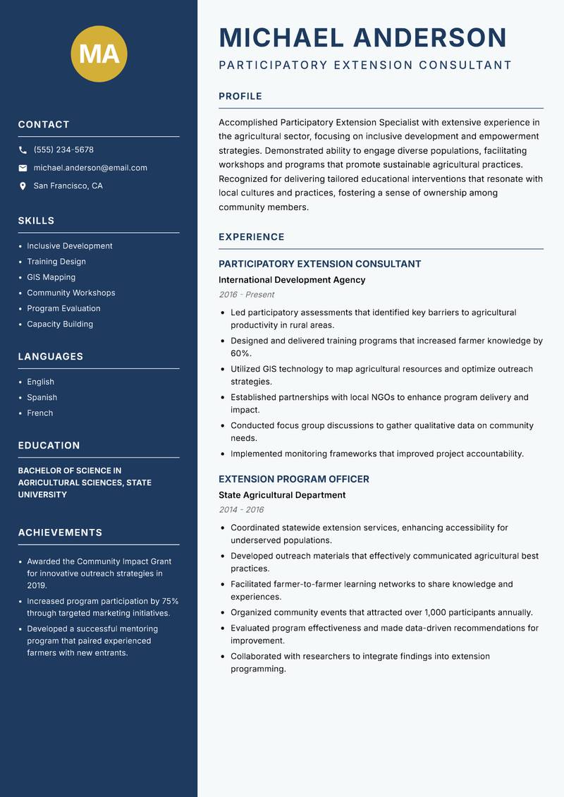 Participatory Extension Specialist Resume Preview Example