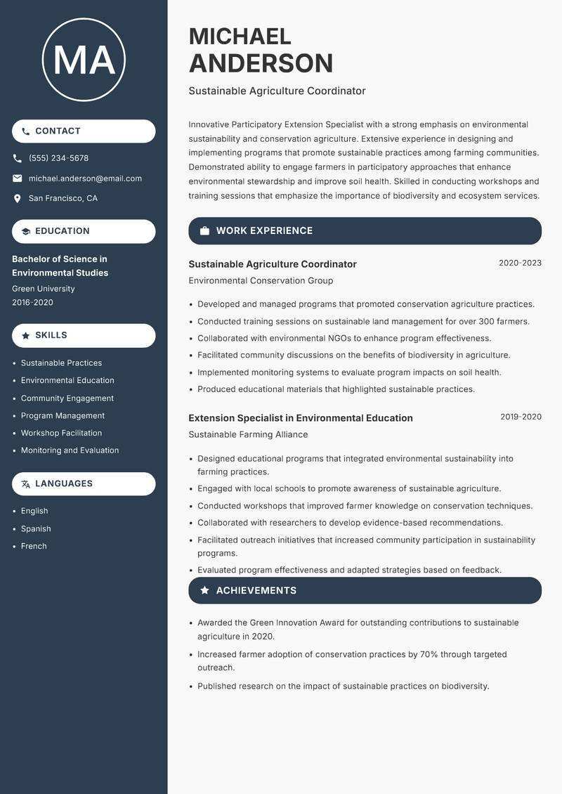 Participatory Extension Specialist Resume Preview Example