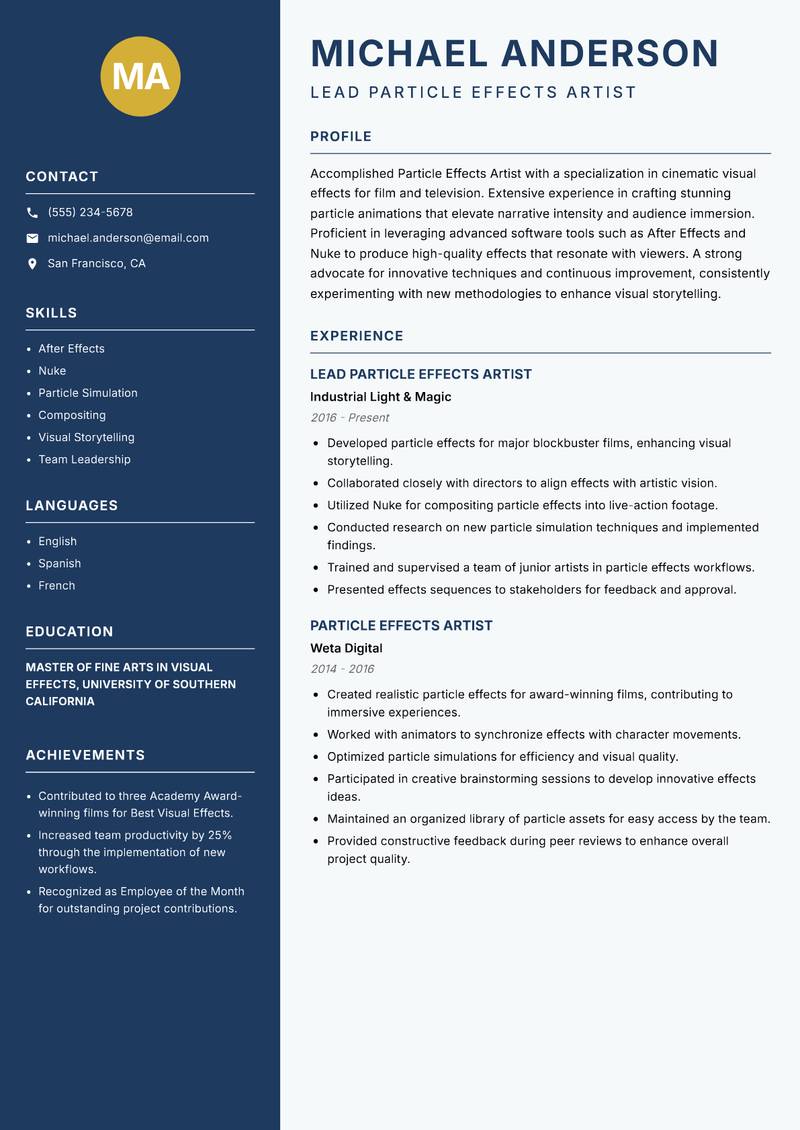 Particle Effects Artist Resume Preview Example