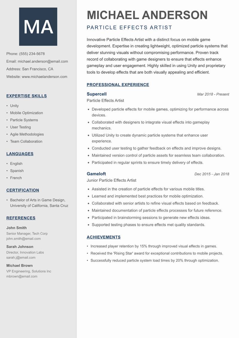 Particle Effects Artist Resume Preview Example