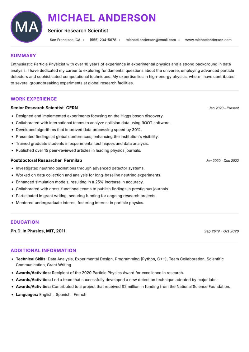 Particle Physicist Resume Preview Example