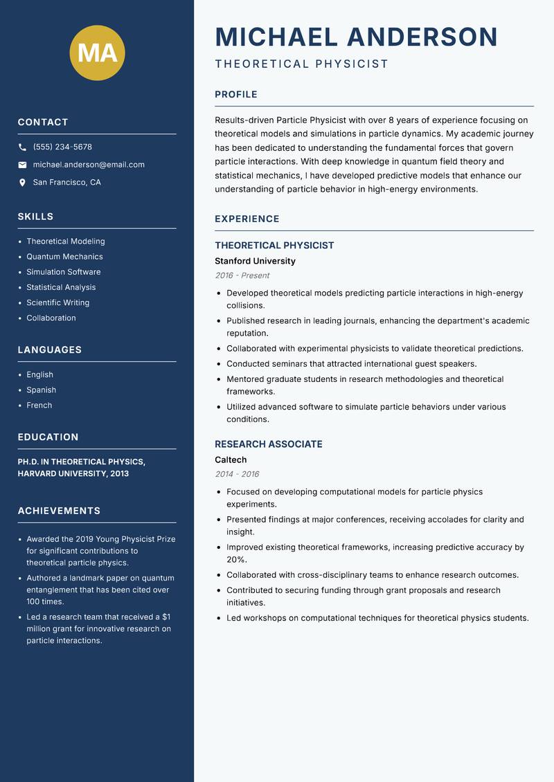Particle Physicist Resume Preview Example