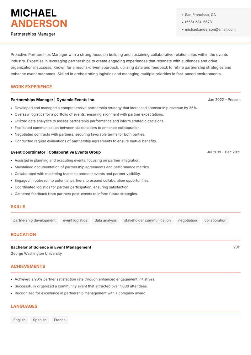 Partnerships Manager Events Resume Template