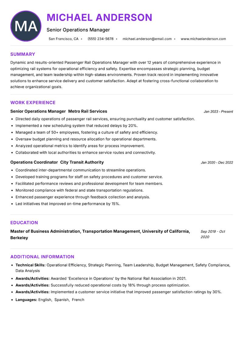 Passenger Rail Operations Manager Resume Preview Example