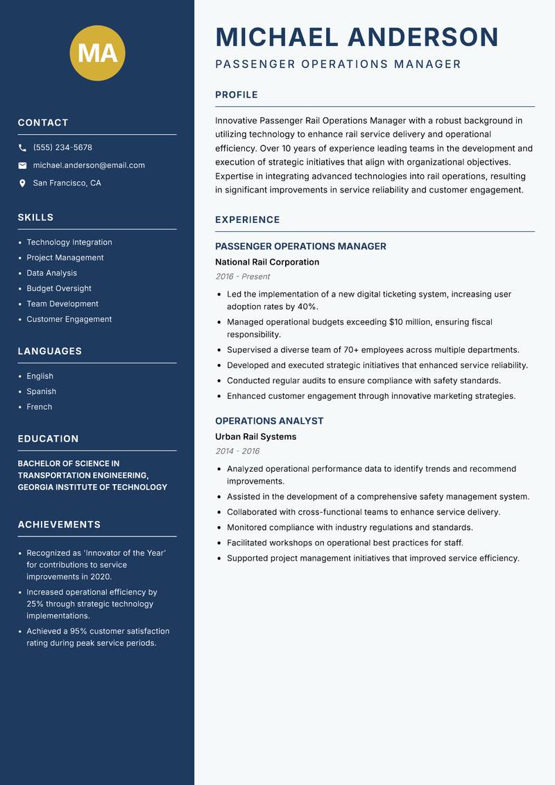 Passenger Rail Operations Manager Resume Preview Example