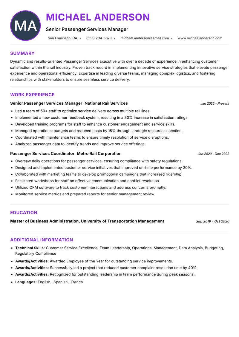 Passenger Services Executive Rail Resume Preview Example