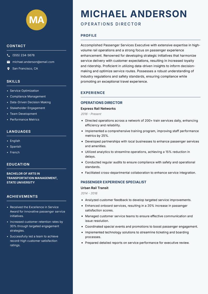 Passenger Services Executive Rail Resume Preview Example