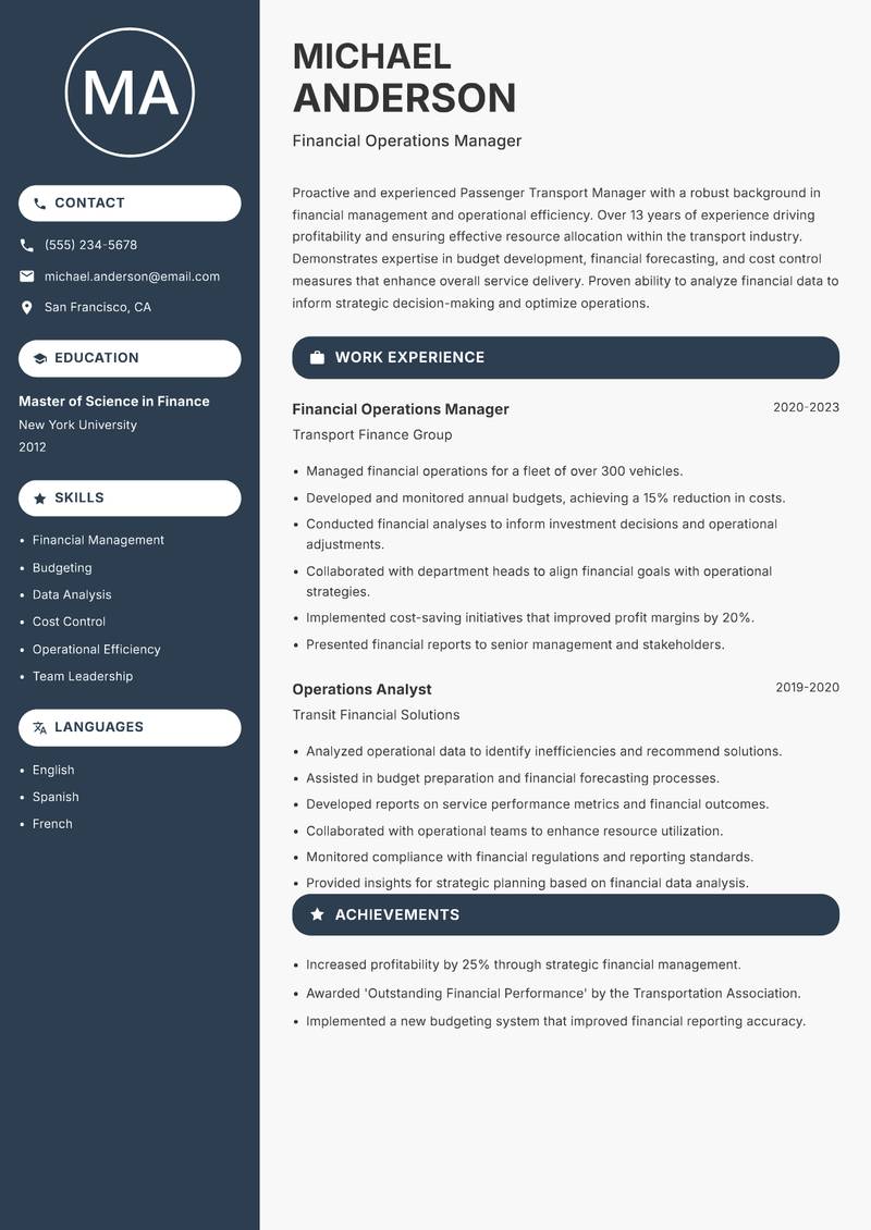 Passenger Transport Manager Resume Preview Example