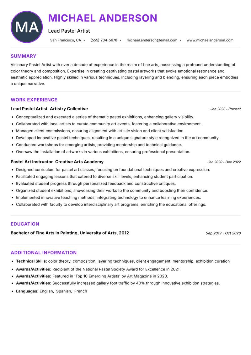 Pastel Artist Resume Preview Example