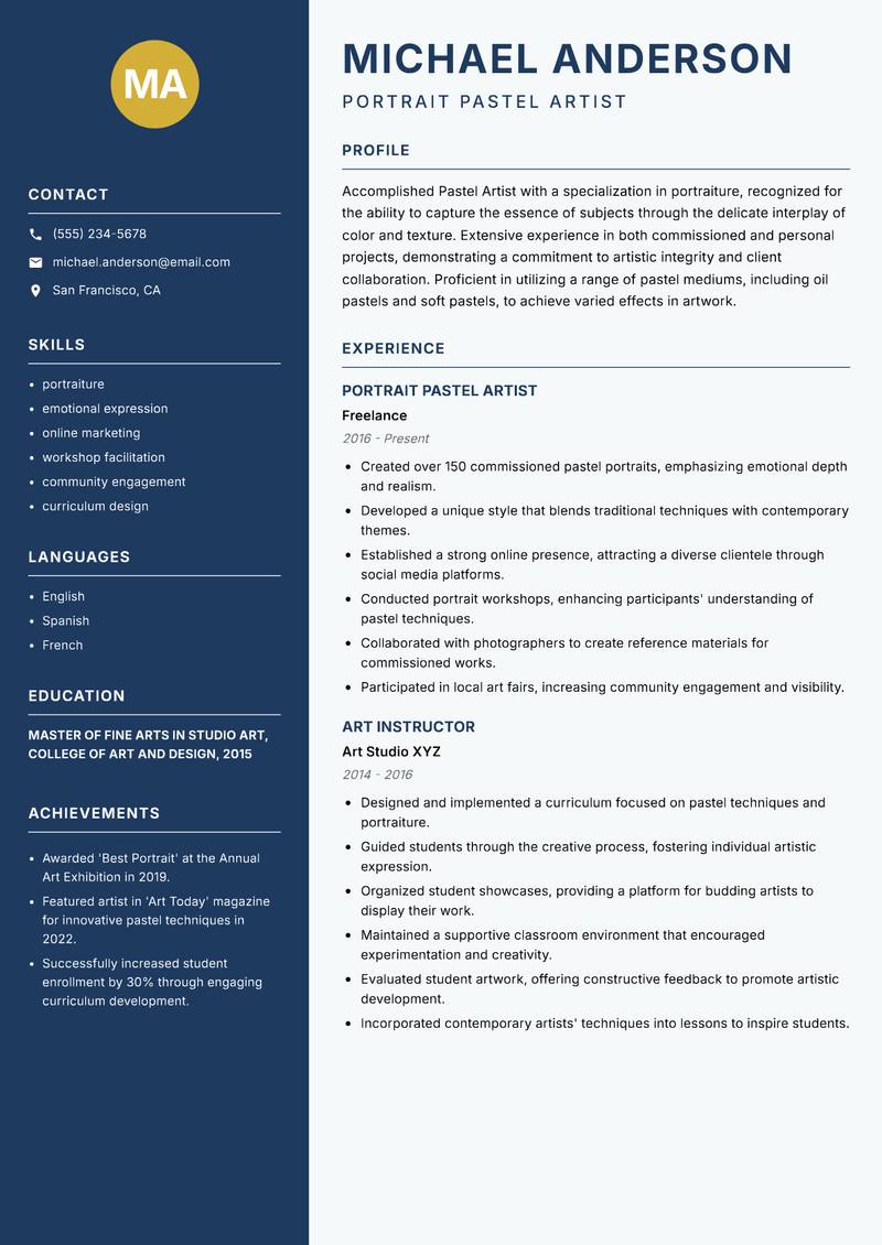 Pastel Artist Resume Preview Example