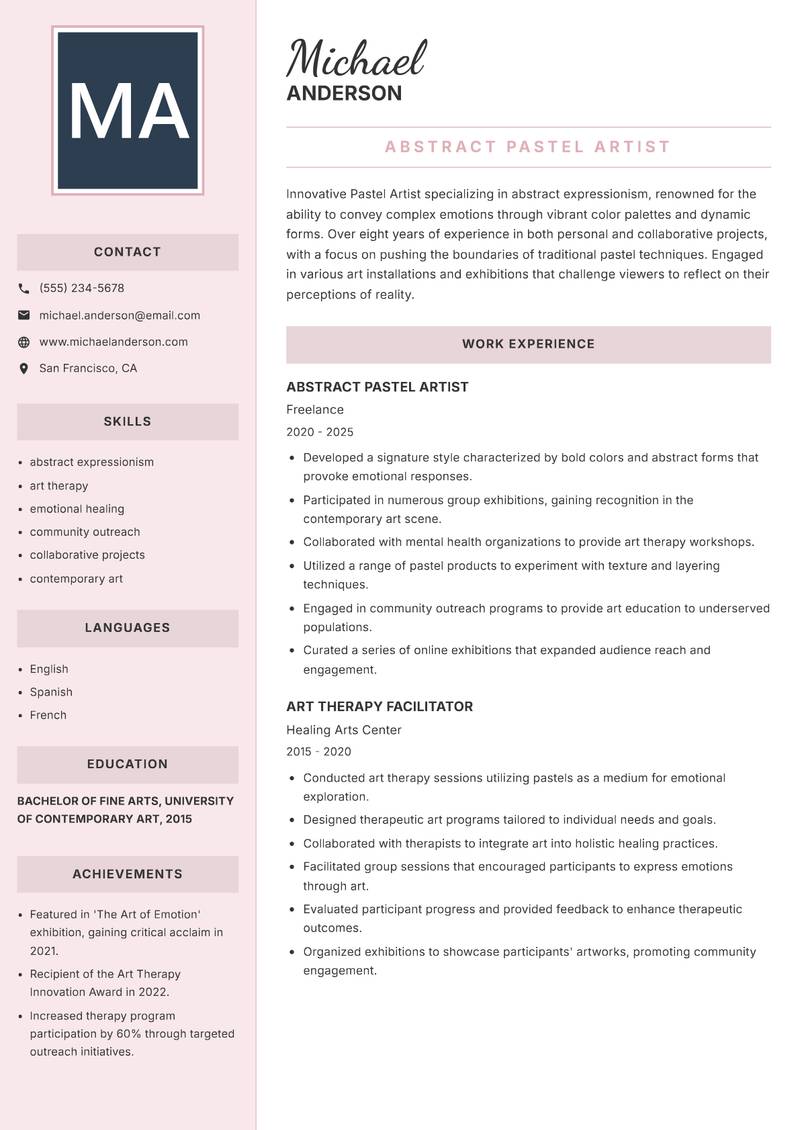 Pastel Artist Resume Preview Example