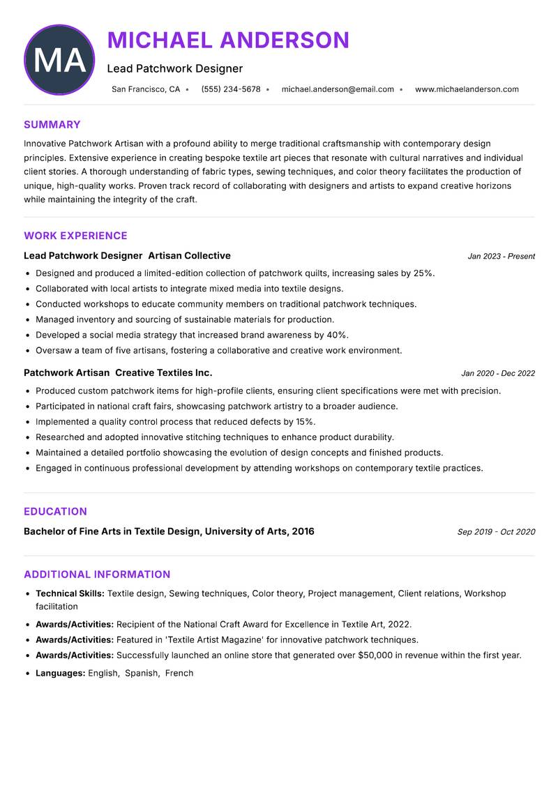 Patchwork Artisan Resume Preview Example