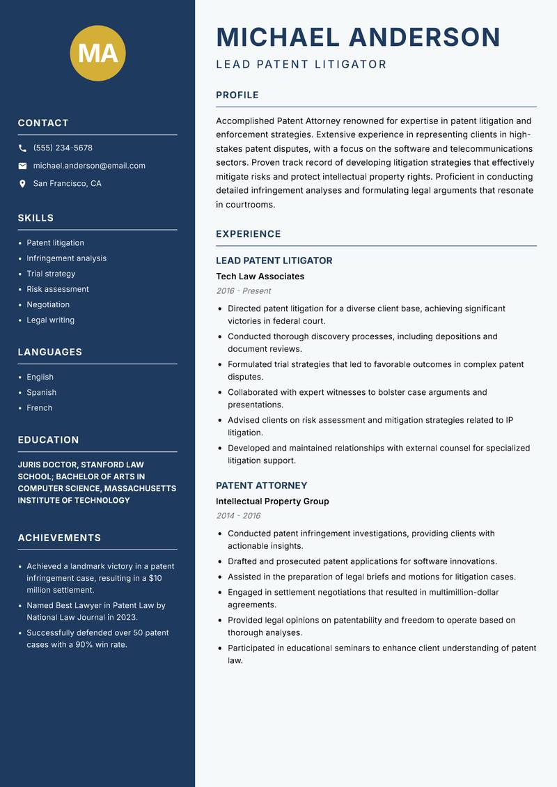 Patent Attorney Resume Preview Example
