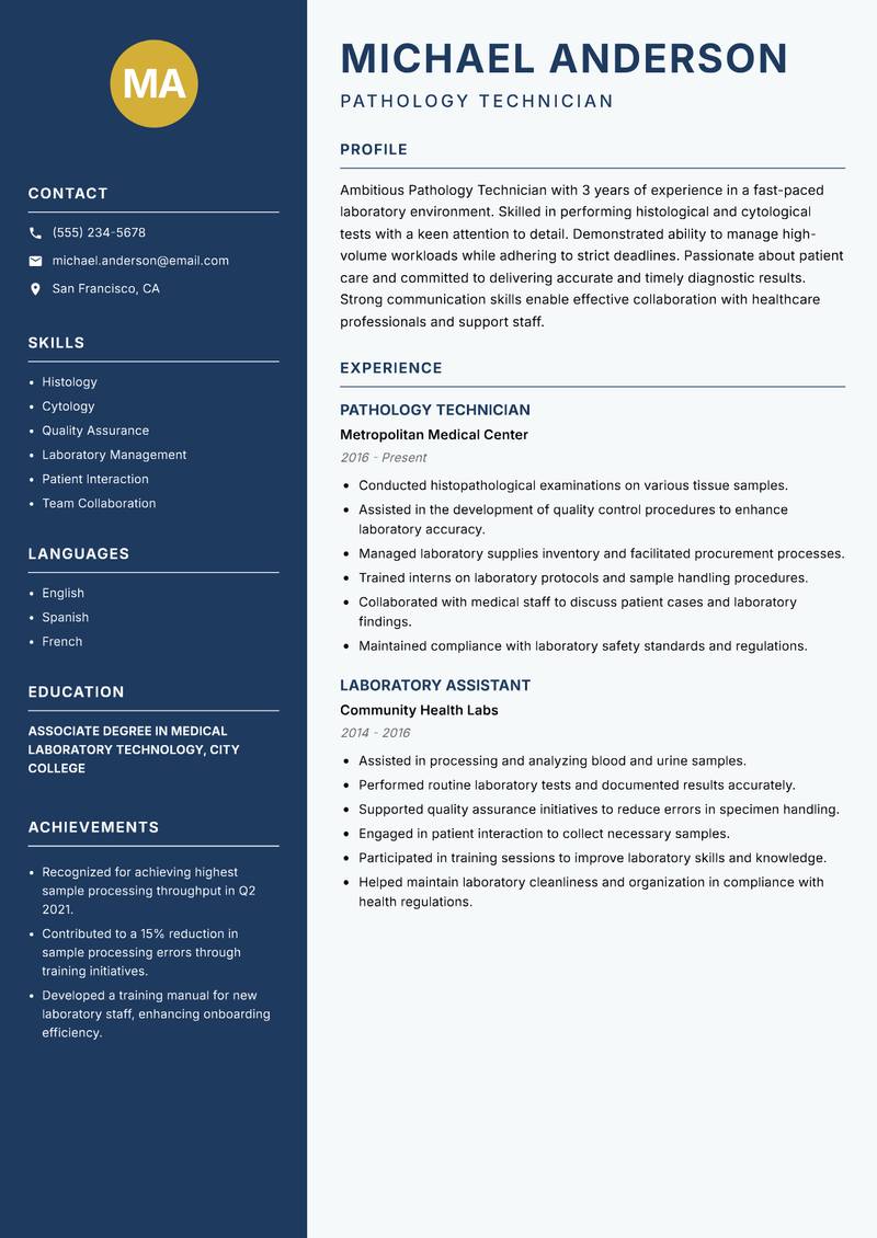 Pathology Technician Resume Preview Example