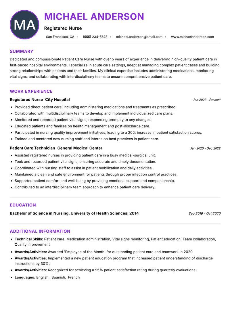 Patient Care Nurse Resume Preview Example