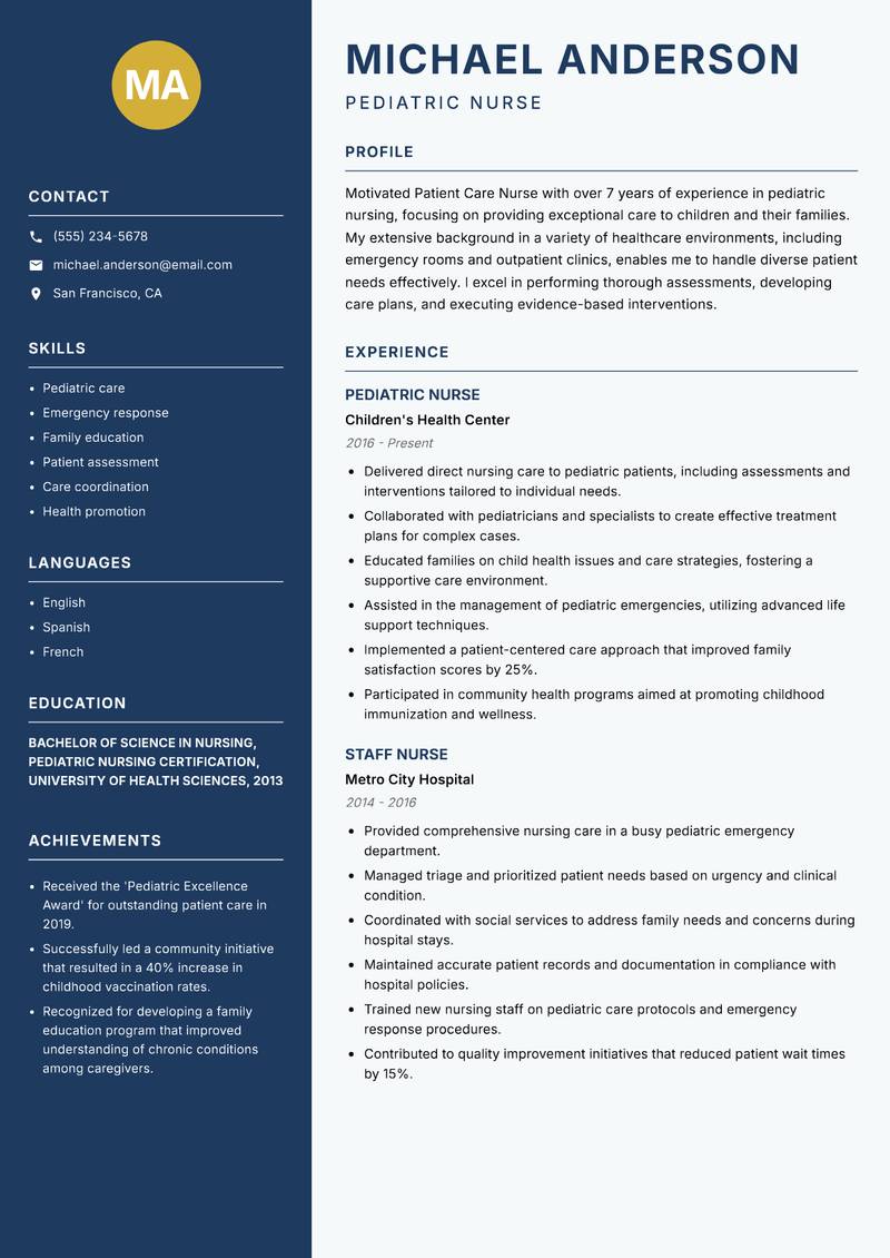 Patient Care Nurse Resume Preview Example