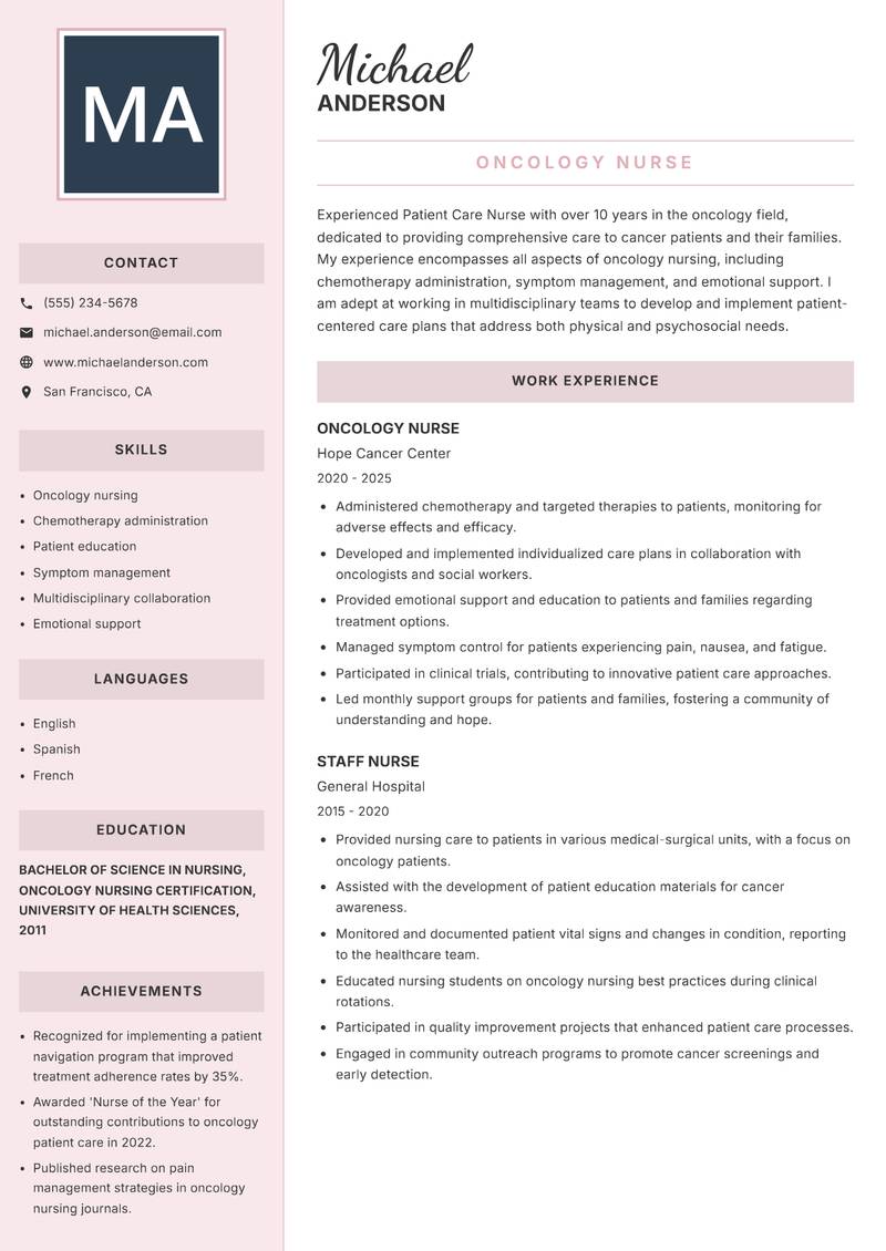 Patient Care Nurse Resume Preview Example