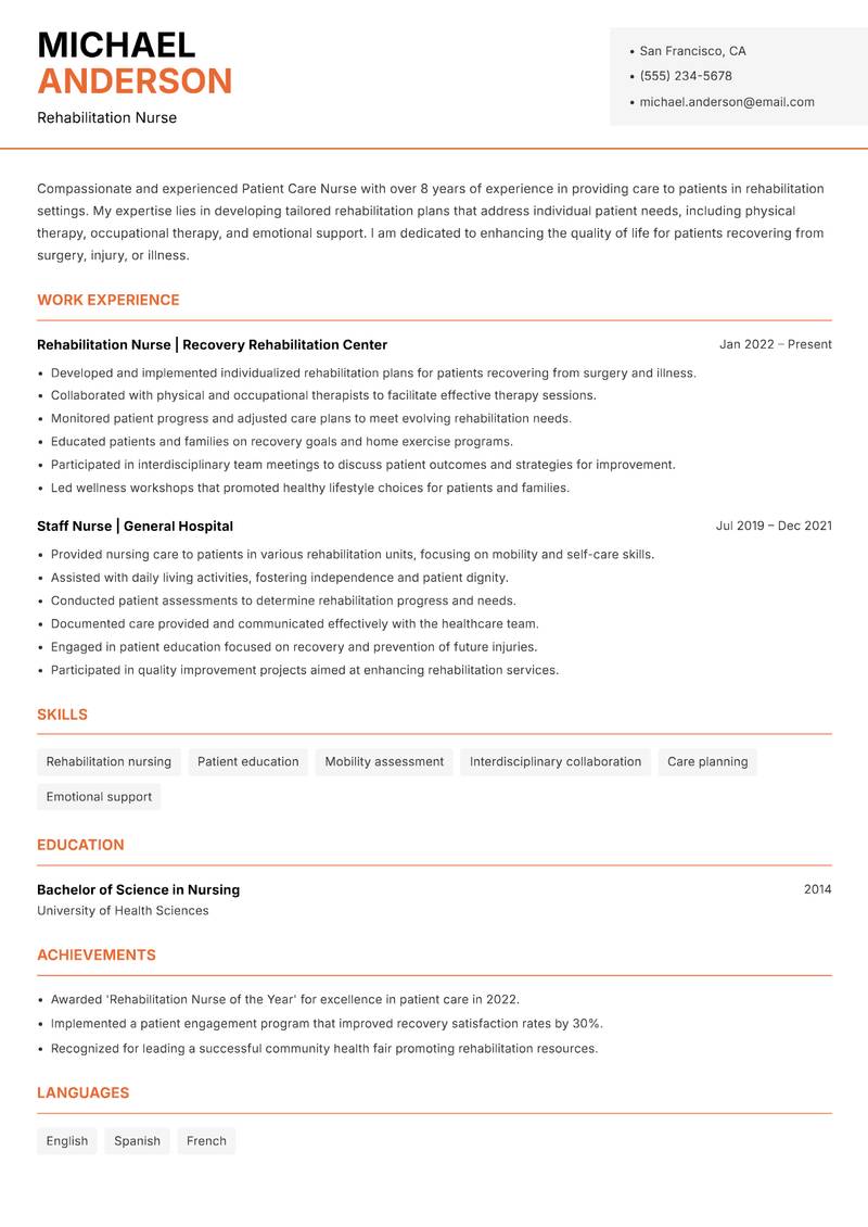 Patient Care Nurse Resume Template