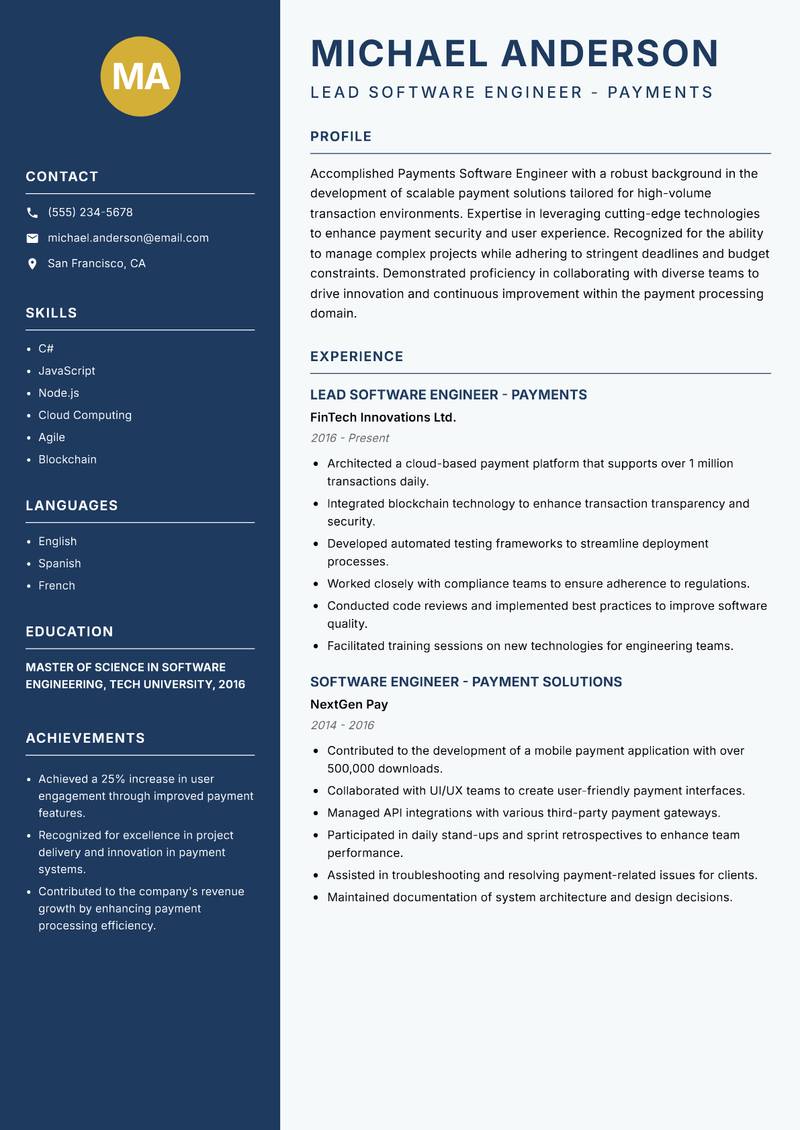 Payments Software Engineer Resume Preview Example
