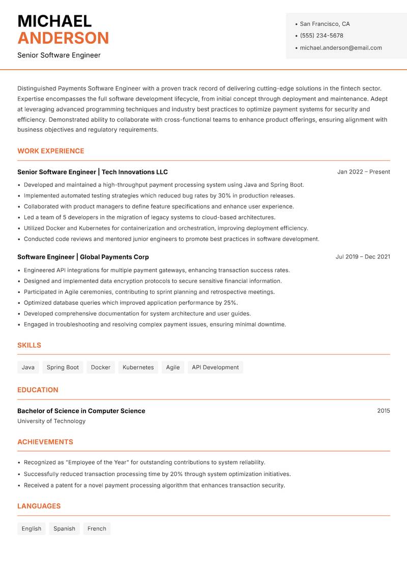 Payments Software Engineer Resume Template