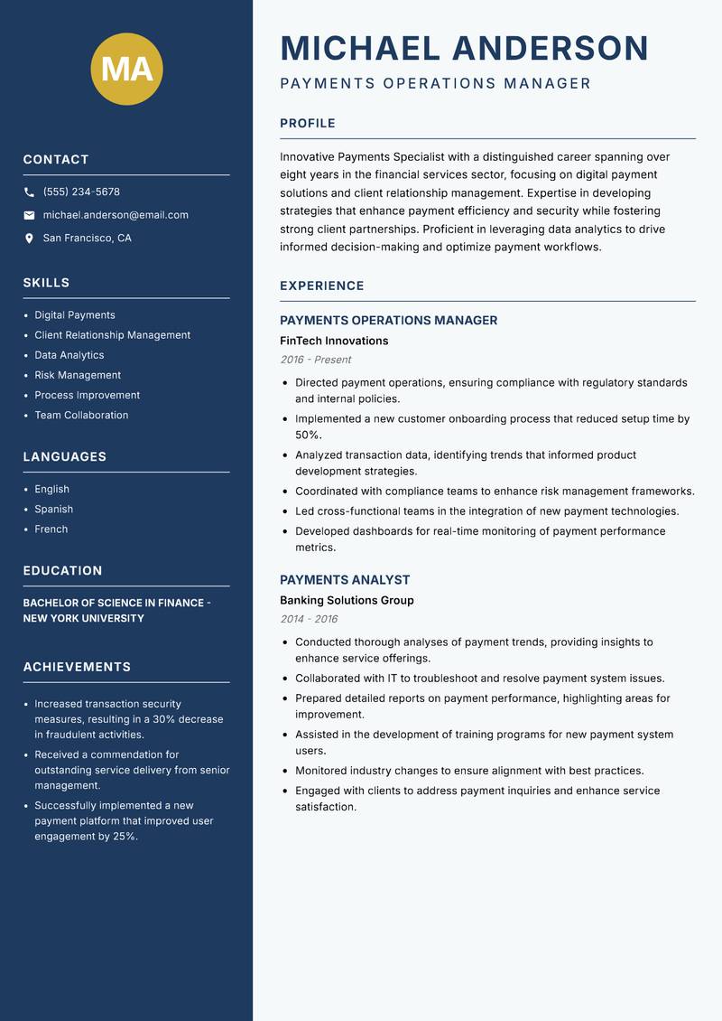 Payments Specialist Resume Preview Example