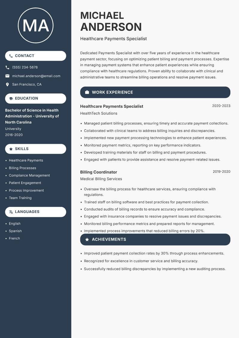 Payments Specialist Resume Preview Example