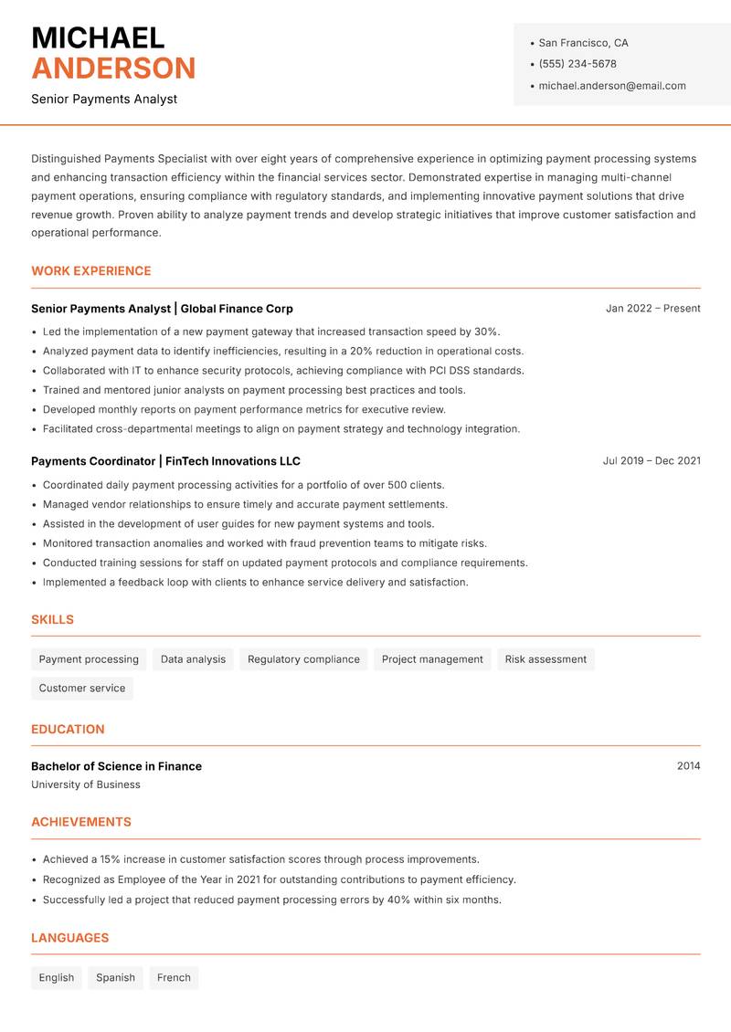 Payments Specialist Resume Template