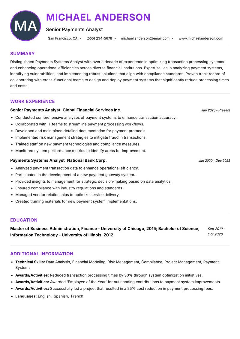 Payments Systems Analyst Resume Preview Example