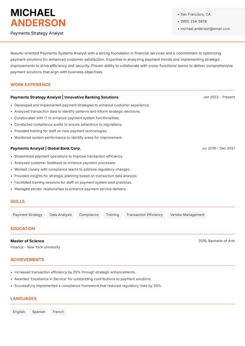 Payments Systems Analyst Resume Template