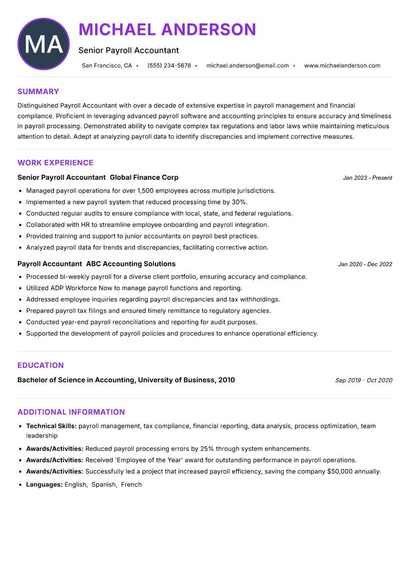 Payroll Accountant Resume Preview Example