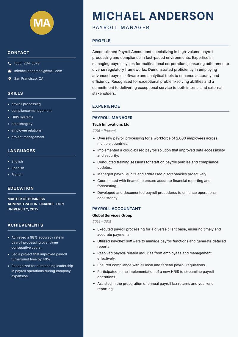 Payroll Accountant Resume Preview Example