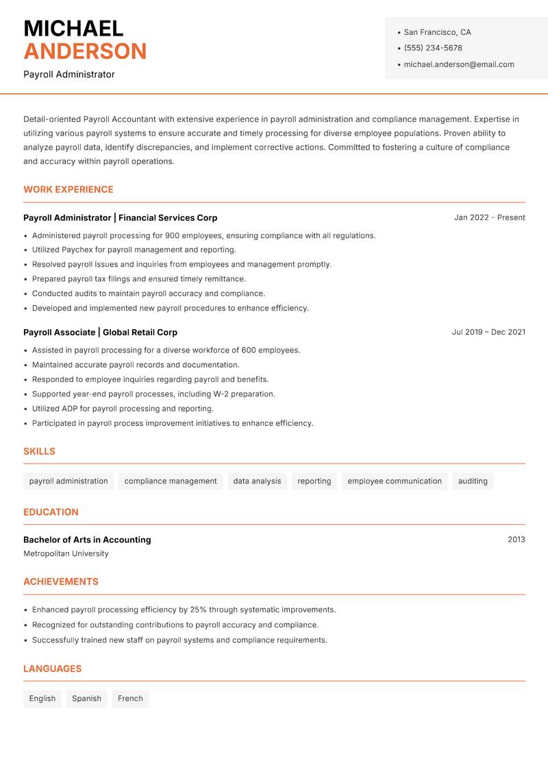 Payroll Accountant Resume Template