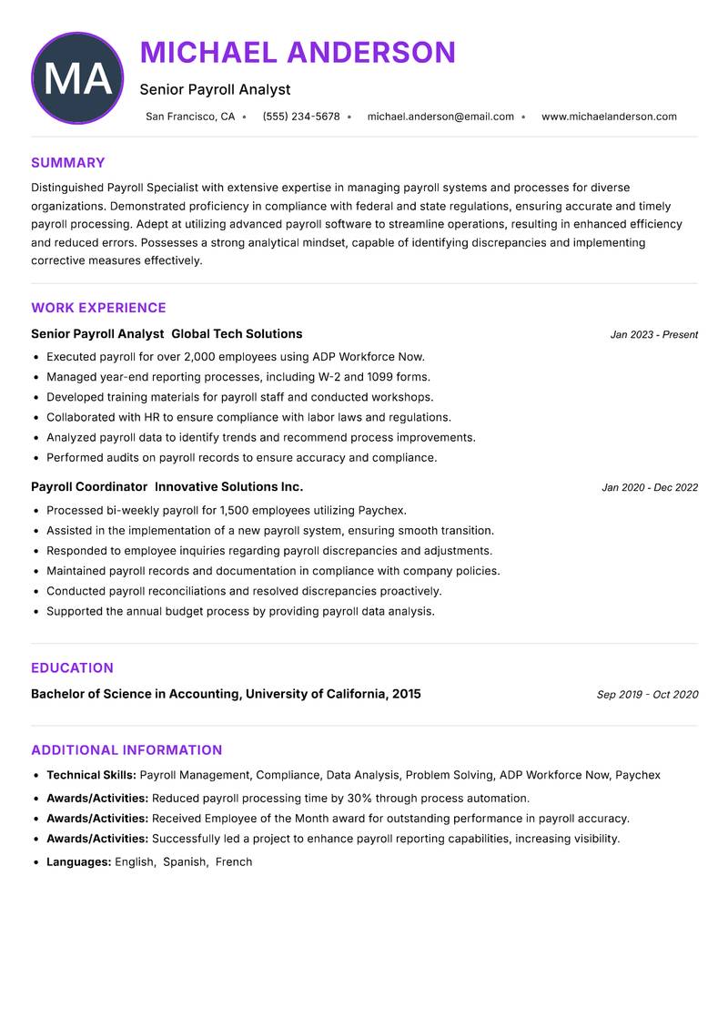 Payroll Specialist Resume Preview Example