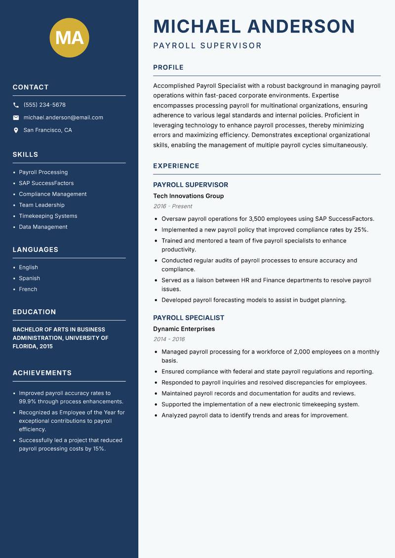 Payroll Specialist Resume Preview Example