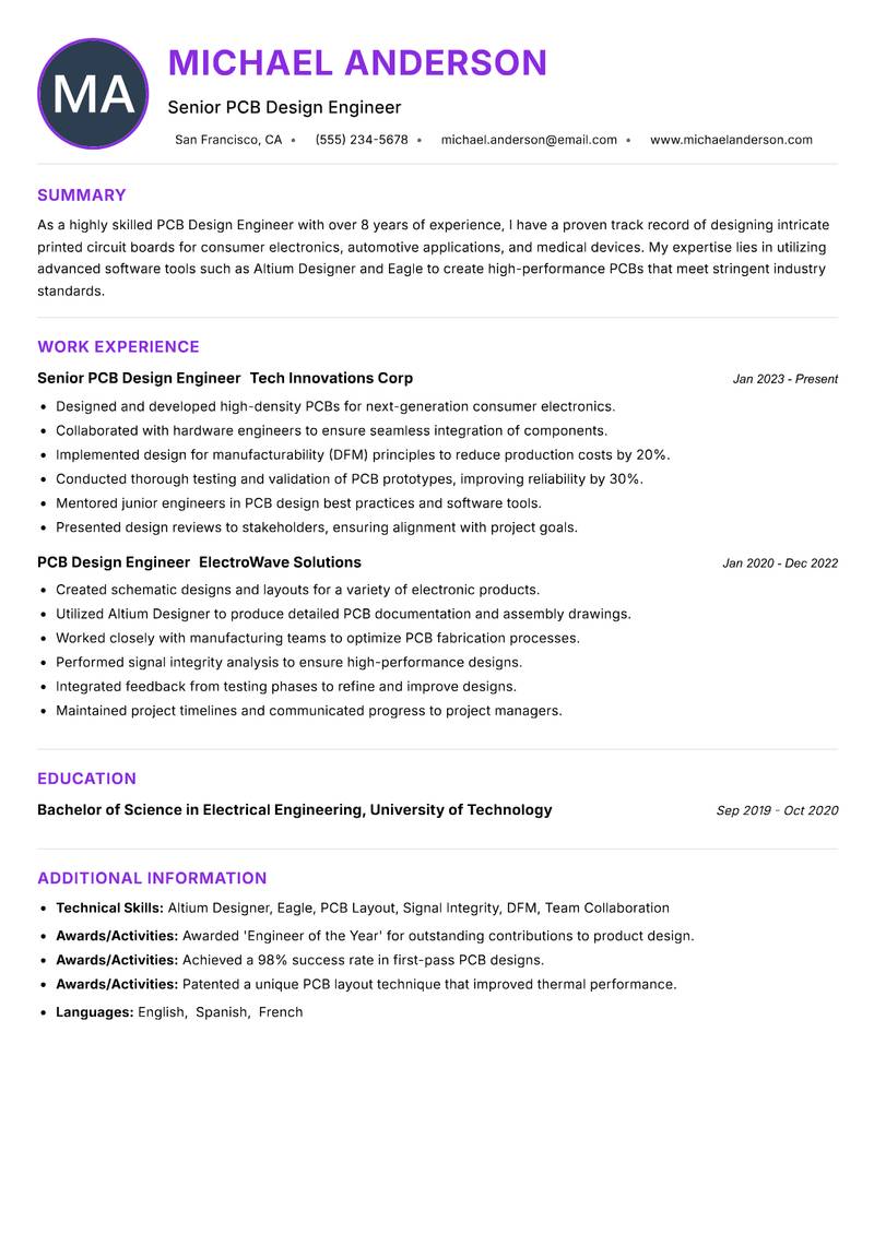 PCB Design Engineer Resume Preview Example