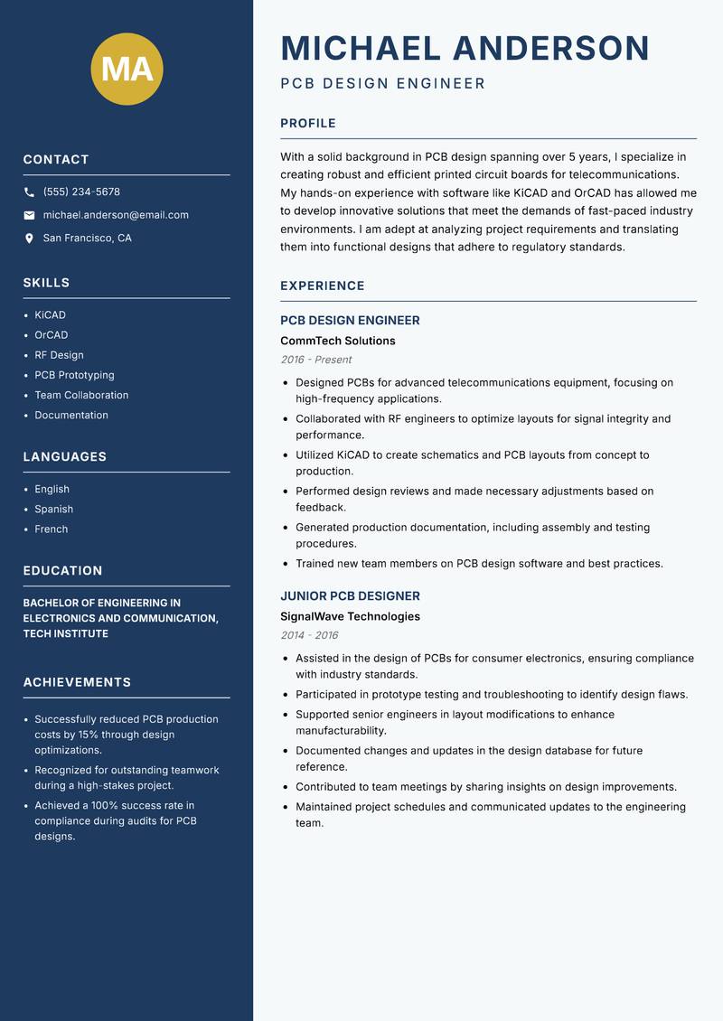 PCB Design Engineer Resume Preview Example