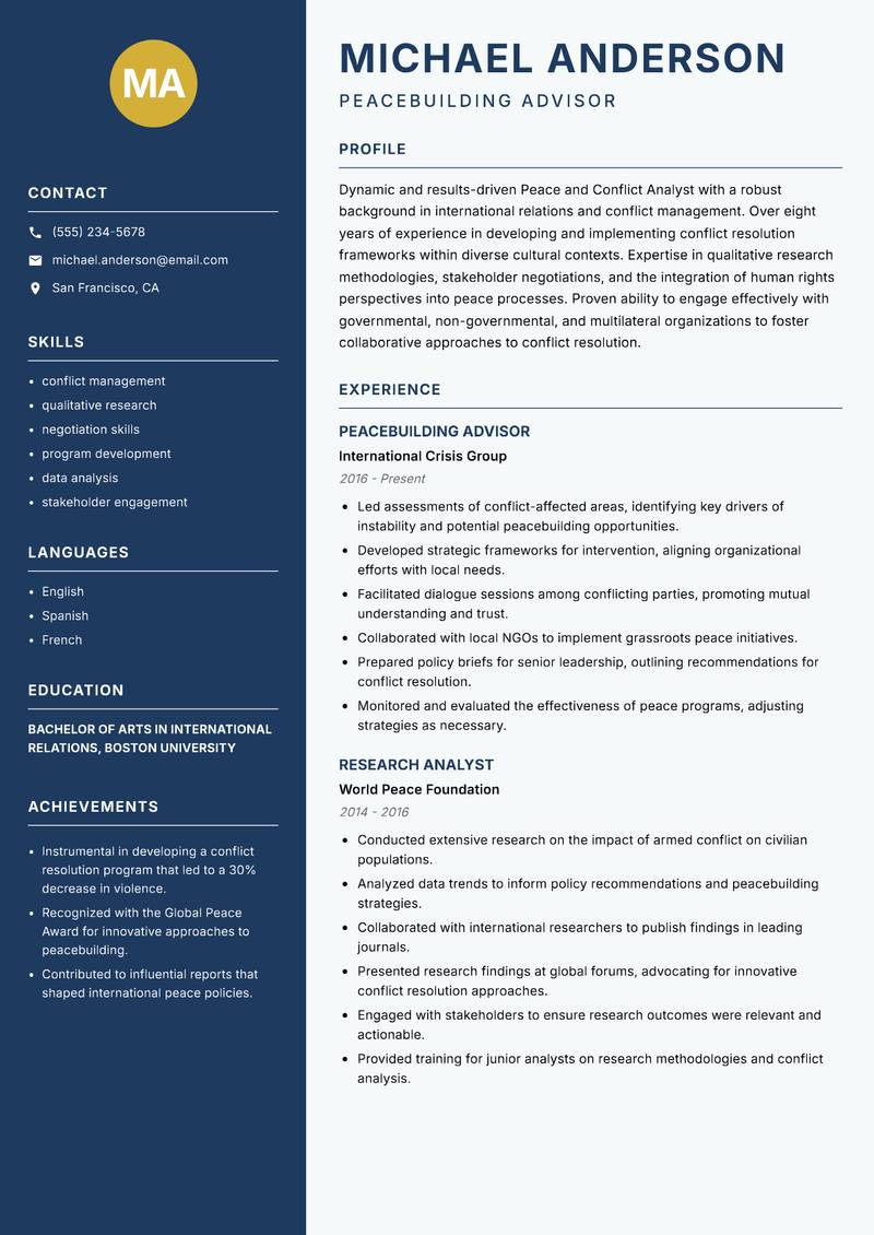 Peace and Conflict Analyst Resume Preview Example