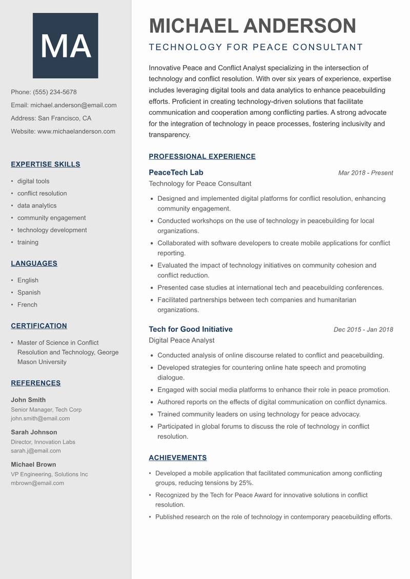 Peace and Conflict Analyst Resume Preview Example