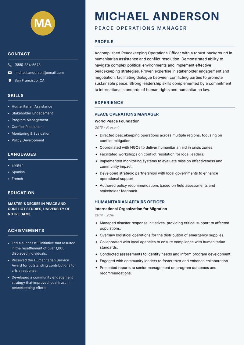 Peacekeeping Operations Officer Resume Preview Example