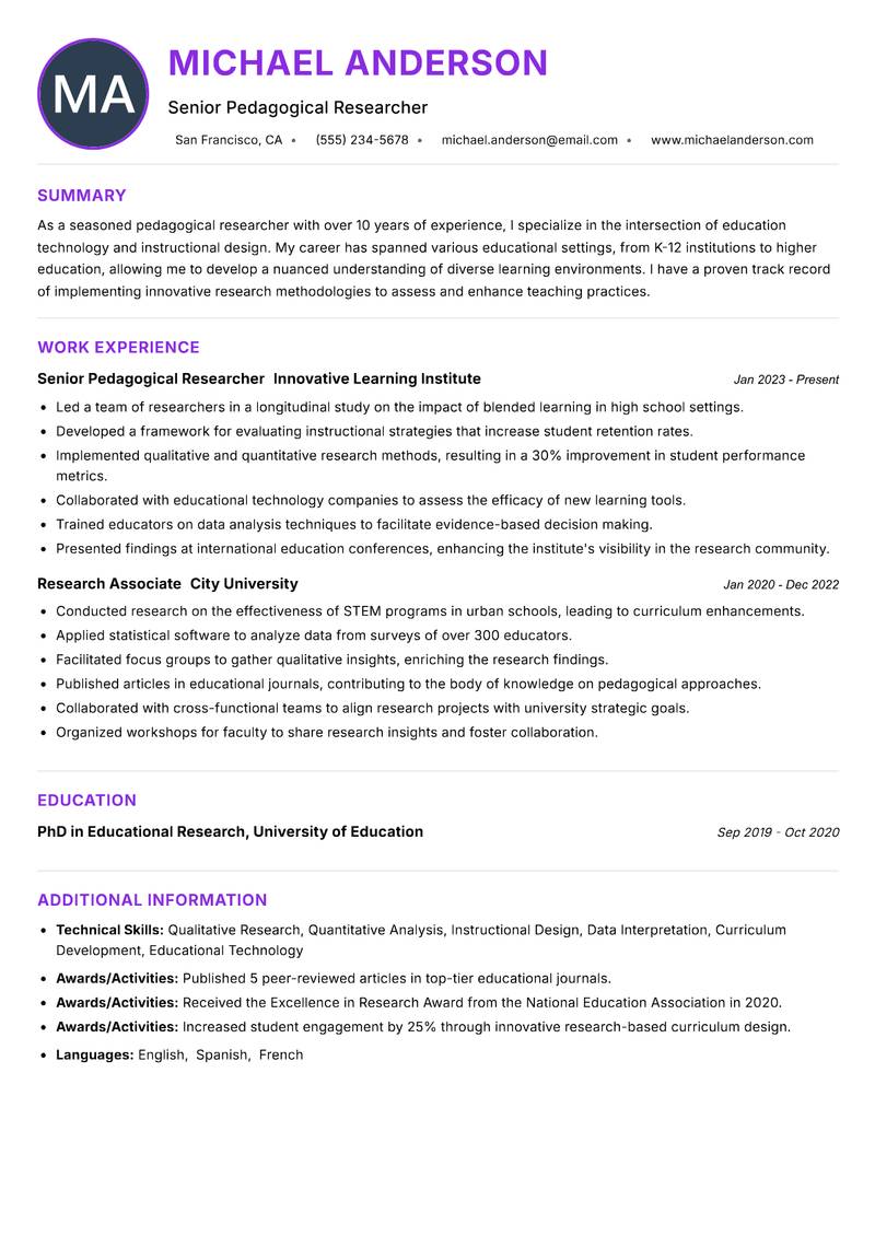 Pedagogical Researcher Resume Preview Example
