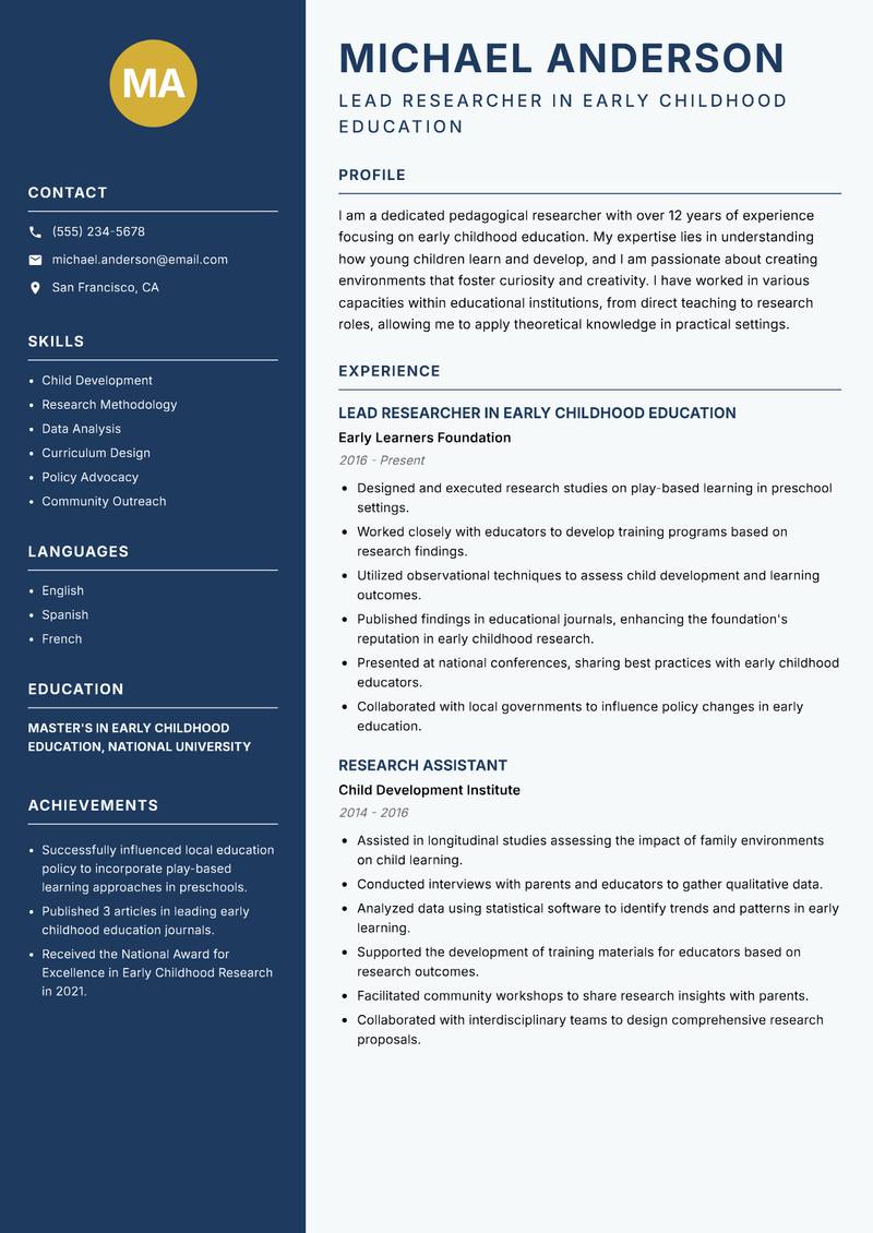 Pedagogical Researcher Resume Preview Example