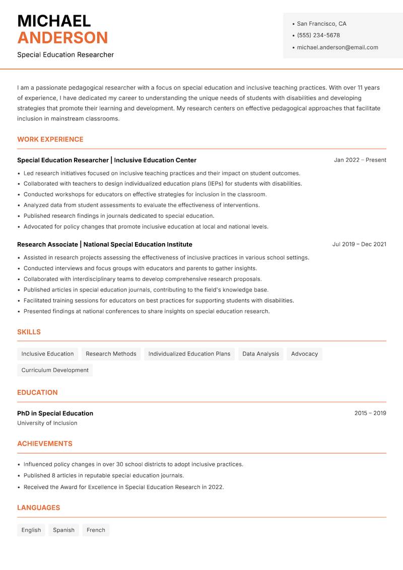 Pedagogical Researcher Resume Template