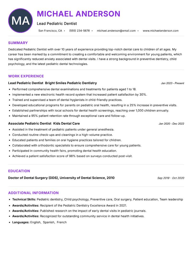 Pediatric Dentist Resume Preview Example