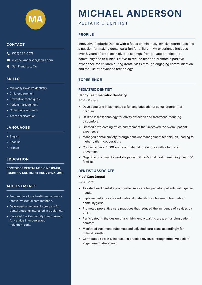 Pediatric Dentist Resume Preview Example