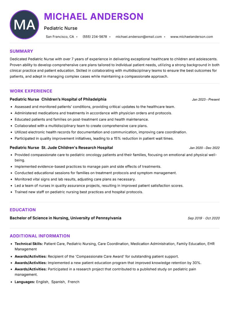 Pediatric Nurse Resume Preview Example