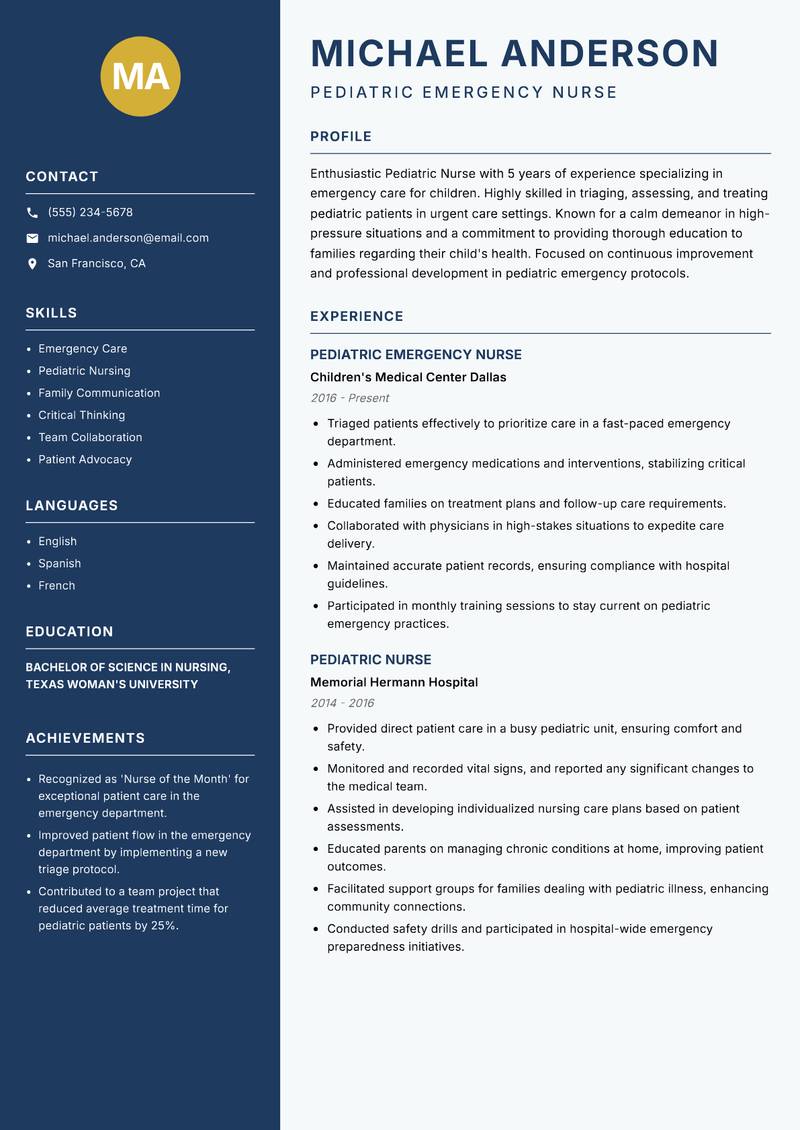 Pediatric Nurse Resume Preview Example